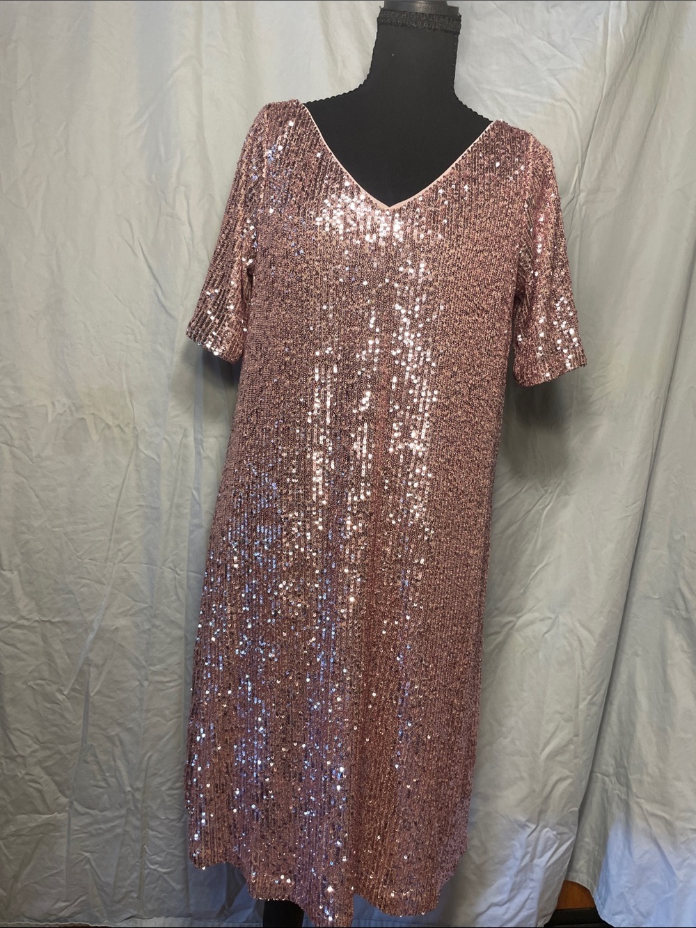 Ann Taylor Rose Gold Sequin V-Neck Shift Dress